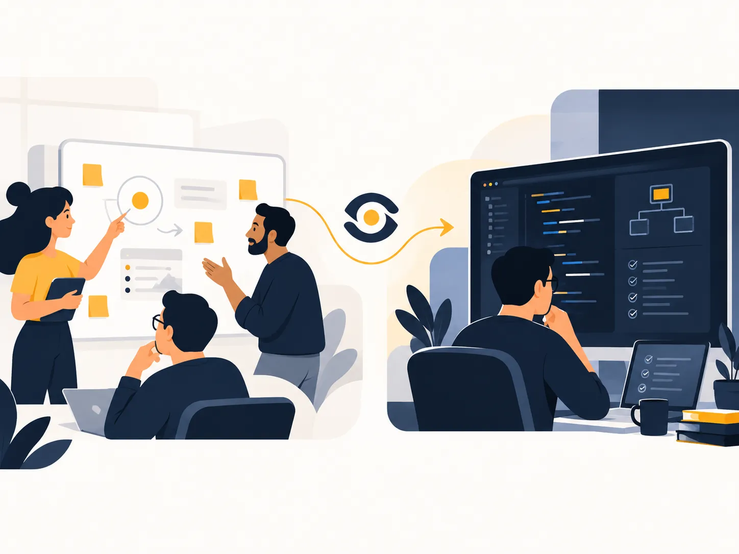 Refinement defines what and why; the handoff defines how