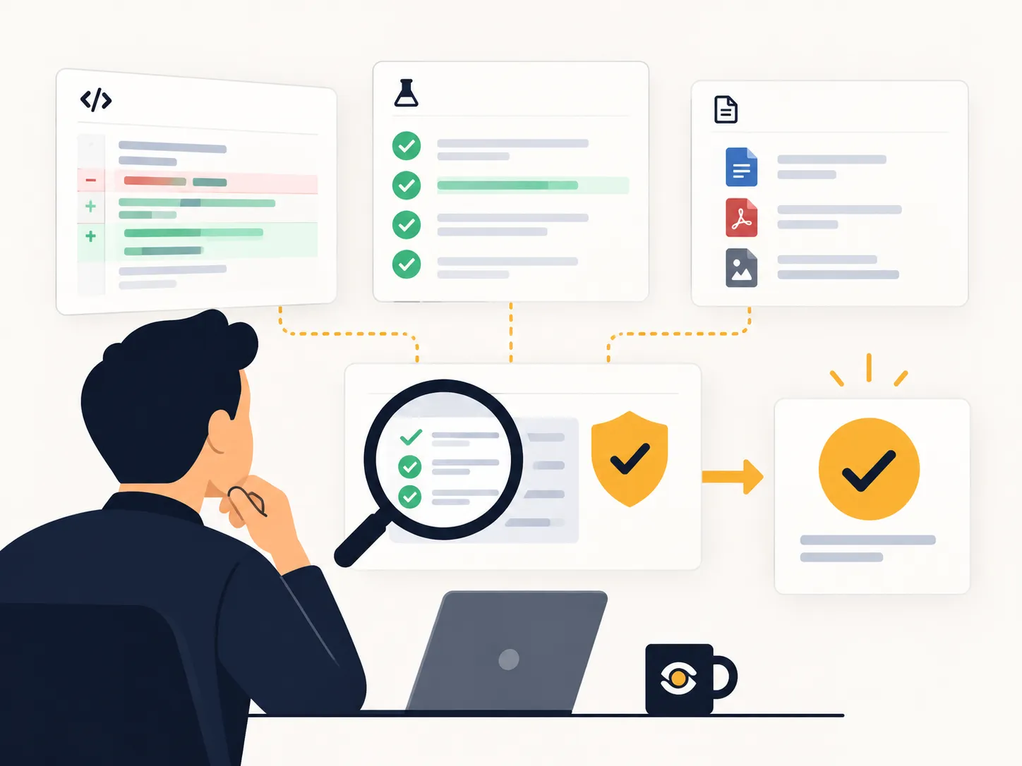 Implementation produces evidence; verification contrasts that evidence against the request