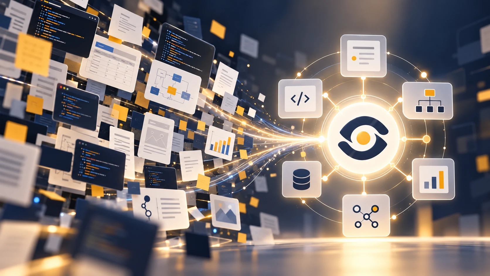 Scattered code, documents and data flowing into Kaddo and out as connected, observable context.